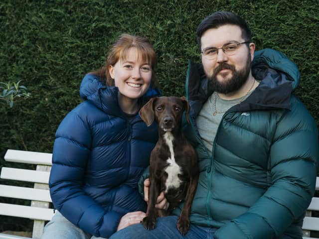 Only six months ago, adorable Sheffied pet dog Bonnie was in the care of the RSPCA after being rescued from abuse. Now, pictured with new owners Charly Milner and Louis Clay, is set to appear at Crufts