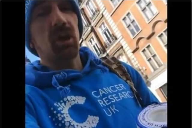 Hartley, 37, who calls himself the #lovecampaigner, was wearing a Cancer Research hat and t-shirt and had a collecting tin when he was arrested by police in London's Leicester Square.