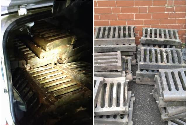 Police arrested a man with a car boot full of grate covers.