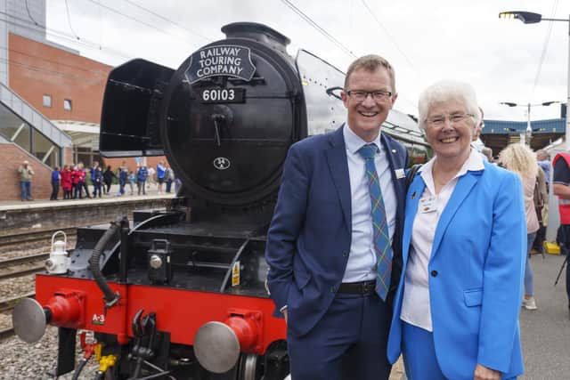 Managing Director of LNER David Horne, and Mayor of Doncaster Ros Jones with the Flying Scotsman at Doncaster Railway Station, celebrating her centenary by making a return to the city where she was built one hundred years ago. Photo credit: Dominic Lipinski/PA Wire