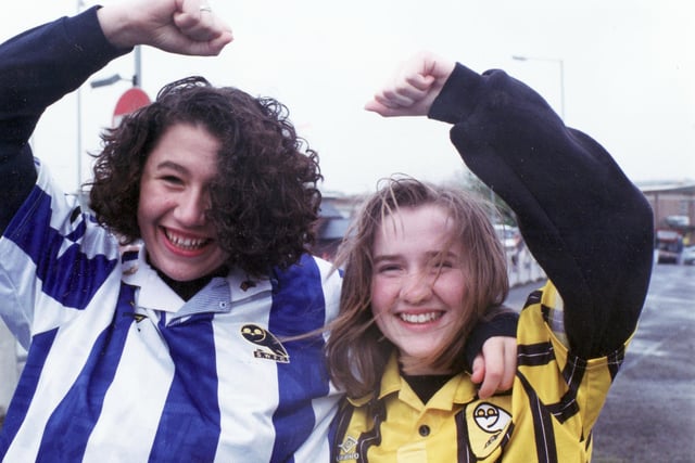 Wednesday fans outside Wembley for the League Cup final against Arsenal in April 1993. Pictured are Carla Kaye and Vicky Subucki.