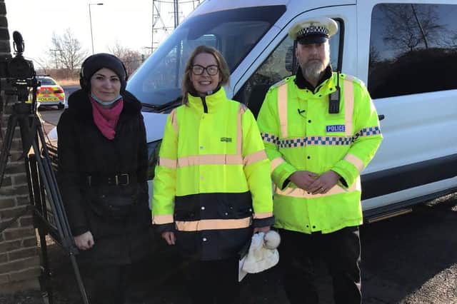 L-R Helene Michaelides Of Cuckoo Films, Joanne Wehrle (manager of Safer Roads) and presenter Sgt Brandon Brown of SYP roads policing group.