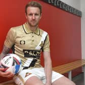 James Coppinger models the charity third kit he designed to mark his 17th and final season at the club. Picture: Andrew Roe/AHPIX