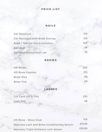 Price list for nail treatments.