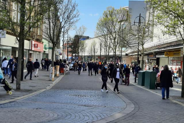 Busy streets as shoppers return to Doncaster town centre.