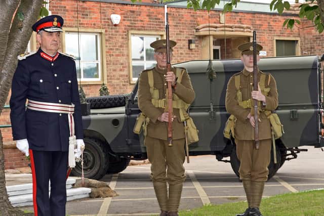 Andrew Coombe, Lord Lieutenant of South Yorkshire pictured with Victoria Cross Trust volunteers Ben and David McCabe,during the unveiling of the VC memorial.