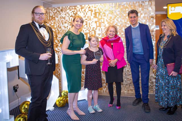 Civic Mayor Cllr Duncan Anderson, CEO and founder of The Sleep Charity, Vicki Beevers, Iona Micklethwaite, Rosie Winterton MP, Ed Miliband MP and Mayoress Ms Fiona Anderson.