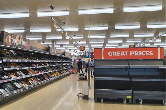 There were also spaces in the fresh fruit aisles.