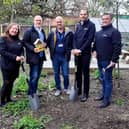 Pictured left to right in the New Beginning’s allotment are Lucy Gibson, Relationship Manager Meadfleet; Mark Burley, Social Value and Partnership Manager Keepmoat Homes; Neil Firbank, New Beginnings; David King, Managing Director Meadfleet; and Emlyn Craven, Operations Manager Meadfleet.