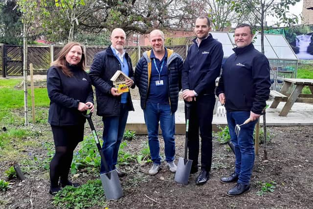 Pictured left to right in the New Beginning’s allotment are Lucy Gibson, Relationship Manager Meadfleet; Mark Burley, Social Value and Partnership Manager Keepmoat Homes; Neil Firbank, New Beginnings; David King, Managing Director Meadfleet; and Emlyn Craven, Operations Manager Meadfleet.