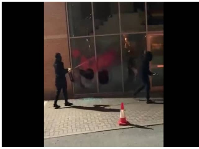 Activists attack the offices of Thales in Doncaster with hammers and red paint. (Photo: Palestine Action).