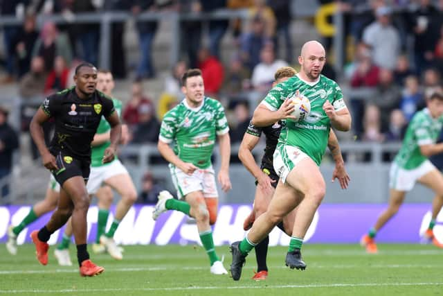 James Bentley of Ireland breaks with the ball during Rugby League World Cup. Photo by George Wood/Getty Images for RLWC