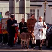 The Mayor of Doncaster, Councillor Yvonne Woodcock, attended The Palm Sunday Walk of Witness setting of from Bawtry Methodist Church and going to the Parish Church of Saint Nicholas, Bawtry. The congregation make their way down High Street , Bawtry, in March 1999