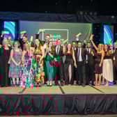 All the winners celebrate on stage at the South Yorkshire Sustainability Awards in 2022.