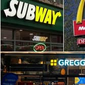 Fast-food restaurants including Greggs, McDonald's and Subway.