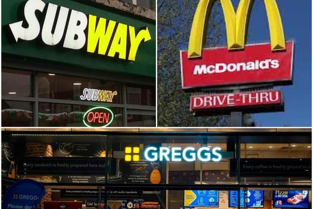 Fast-food restaurants including Greggs, McDonald's and Subway.