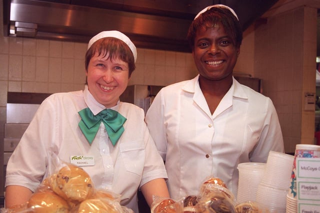 Rachael Moore and Kets Calvin at The Upper Crust sandwich bar at Sheffield Station pictured in 1997