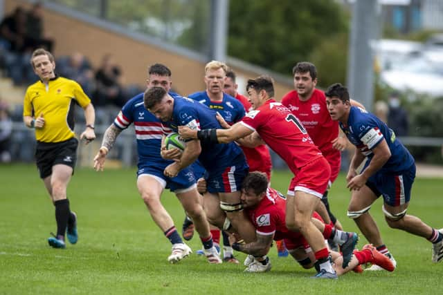 Action from a Doncaster Knights v Jersey Reds clash in the Championship at Castle Park, Doncaster, back in 2021. (Picture: Tony Johnson)