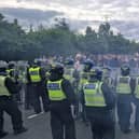 Demonstrators clashed with police at the Holiday Inn Express at Manvers in Wath in shocking scenes on Sunday afternoon.
