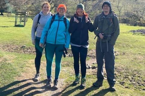 Four of the team - Cheryl Orr, Clare Attrill, Nicky Guttridge and Matt Capps training for the challenge after walking up Scafell Pike
