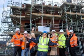 John Doherty, Contracts Manager at Esh; Cllr Francis Jackson, Askern Town Council; Angela Brookes, Housing 21, Lindsey Leach, Head of Retirement Housing (North) at Housing 21; Cllr Cheri Bennett, Mayor of Askern Town Council; Martin Ely, Housing Programme Manager at Doncaster Council; Mick Sullivan, Site Manager at Esh.