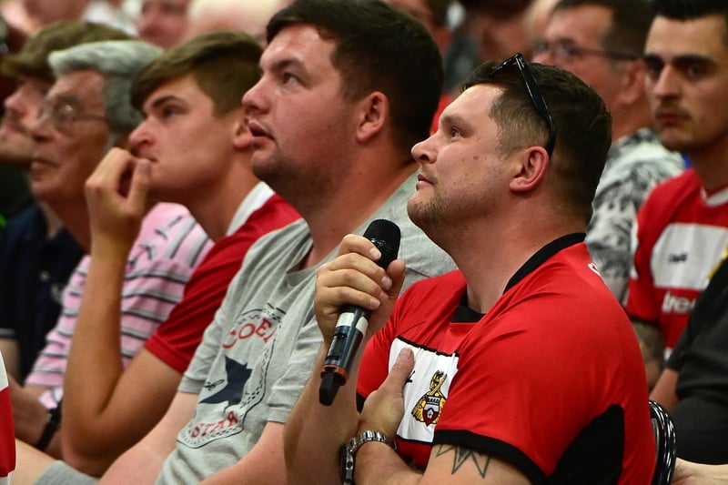 A fan asks a question to John Ryan at the open event at the Doncaster Dome