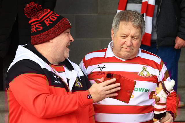 Some of the Doncaster Rovers fans who watched the 2-0 win at Crawley Town.