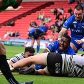 Watson Boas celebrates his second try against Dewsbury. Picture: Howard Roe/AHPIX.com