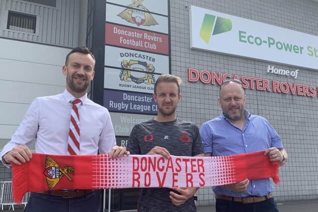 From left to right: Club Doncaster chief commercial officer Jon Warburton, head of football operations James Coppinger and Red Viking Rail director Kevin Baker. Photo courtesy of Club Doncaster.