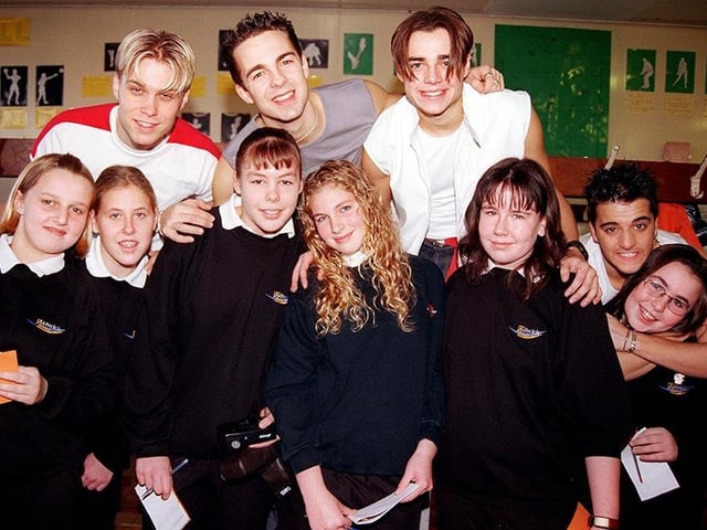 Boy band A1 pictured with some of their Adwick School fans in November 1999