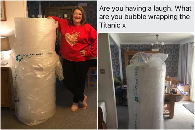 Joane Griggs made a slight error when ordering online after this huge roll of bubble wrap arrived at her door prompting husband Malcolm's message (right).