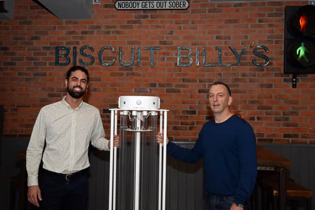 Patrick Holden, Speedycare Head of Sales, pictured with Martin Blagden, Biscuit Billy's owner.Picture: NDFP-29-09-20-BiscuitBillys 7-NMSY