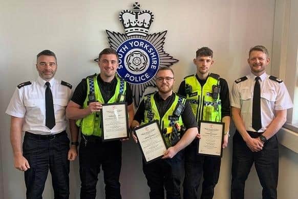 Chief Superintendent Pete Thorp (left) and Acting Assistant Chief Constable Ian Proffitt with PCs Langton, Gascoigne and Bluck.