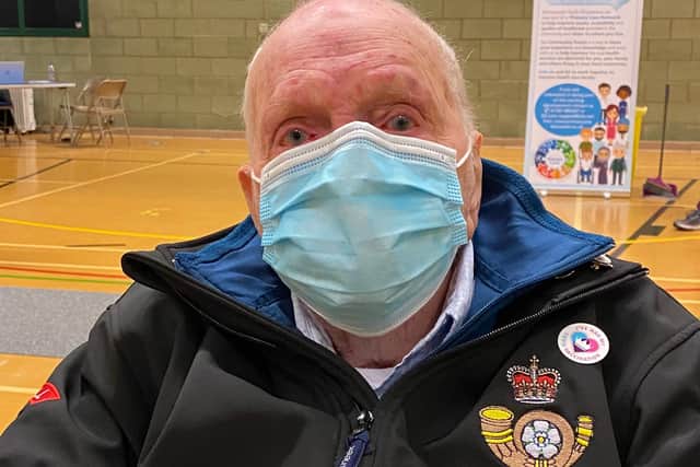 World War Two veteran Fred Adamson, aged 101, received his second dose of covid vaccine at Dearne Valley Leisure Centre.