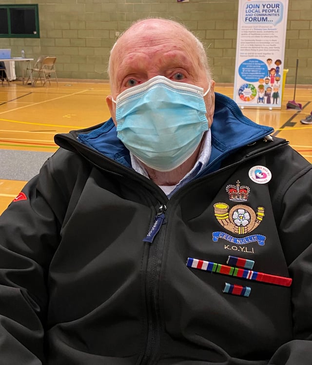 World War Two veteran Fred Adamson, aged 101, received his second dose of covid vaccine at Dearne Valley Leisure Centre.