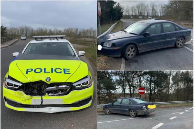 The police car rammed a vehicle after the driver attempted to drive the wrong way down the M18.