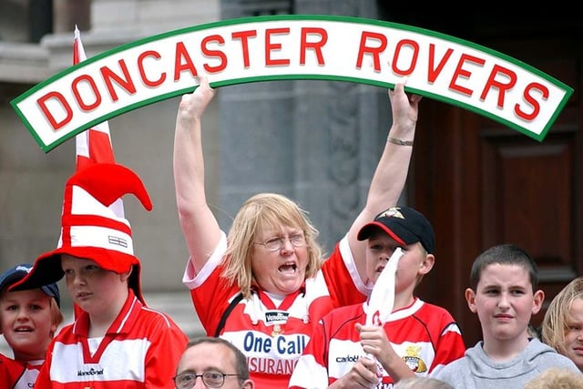 Doncaster Rovers Civic Celebrations.....fans outside the  Mansion House, May 18, 2003
