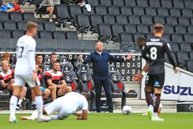 Doncaster Rovers manager Grant McCann appeals a decision from referee Andrew Kitchen.