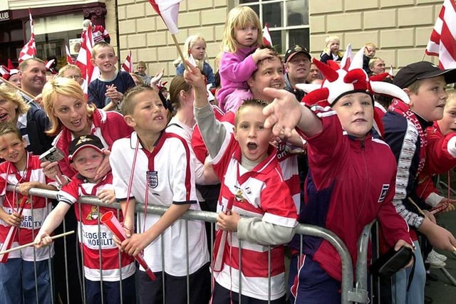 Doncaster Rovers Civic Celebrations.....fans outside the Mansion House, May 18, 2003