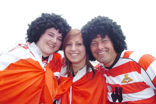 Rovers fans at Wembley. (l-r) Kerry Scott, 20, of Skellow, her cousin Amy Rachwalski, 19 and her uncle Allan Rachwalski, of Carcroft.