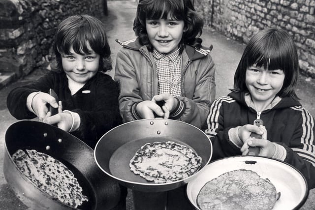 Bridget Concannon 7, Paula Watts, 9, and Donna Shimwell, 8 before their race at the annual Winster pancake races in 1980.