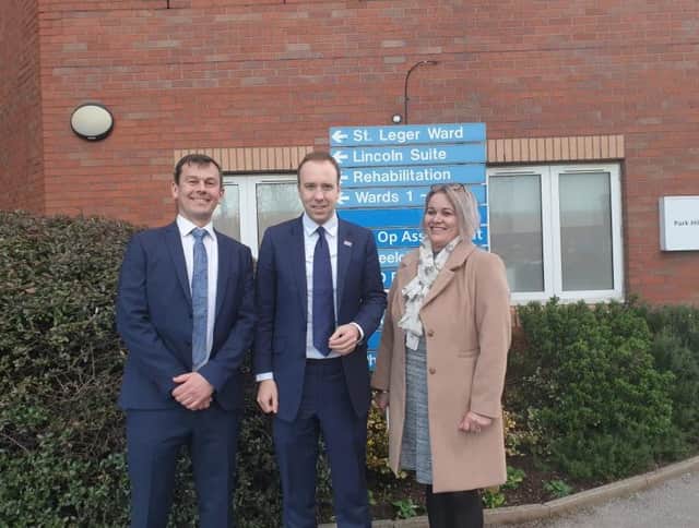 Don Valley MP Nick Fletcher, health secretary Matt Hancock and Conservative DMBC group leader Jane Cox