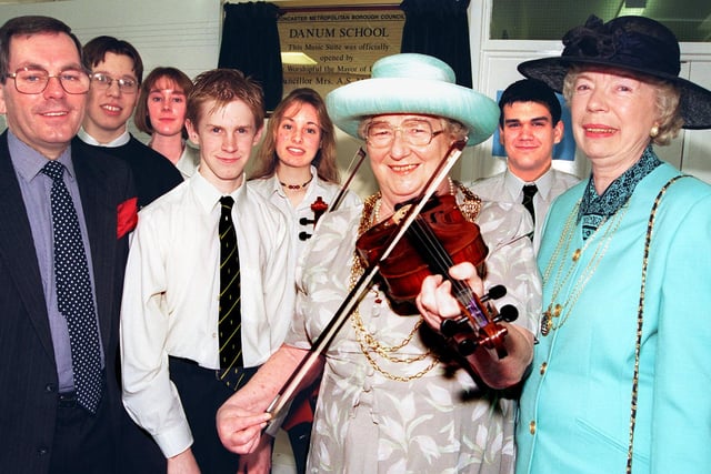 The Mayor of Doncaster, Councillor Sheila Mitchinson, officially opened Danum School's music suite  in 1998. Our picture shows the Mayor trying to coax a note out of a violin, watched by the Mayoress, Mrs Audrey Gregory (right), head of performing arts Tony Harris, and pupils Rob Yorke, Michelle Phillips, both aged 17, Steven Hirst, aged 16, Helen Cusworth and Ben Catt, both aged 17.