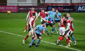 Picture Howard Roe/AHPIX LTD; Football, SkyBet; League Two;  Fleetwood Town  v Doncaster Rovers; 04/12/2024 7.45pm Doncasters'  Jay McGrath header heading towards the back of the net score 4-2