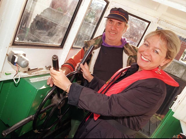 In 1999 Doncaster Central MP Rosie Winterton in the wheel house of the South Yorkshire Navigation Canal with British Waterways Mallard skipper Pete Stubbs.