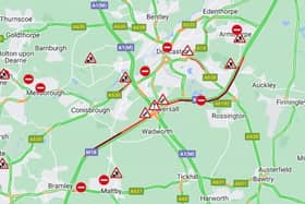 Image by AA Traffic and Google Maps. Damage to the central reservation on the M18 near Doncaster continues to cause severe delays this morning as crews carry out emergency repairs.