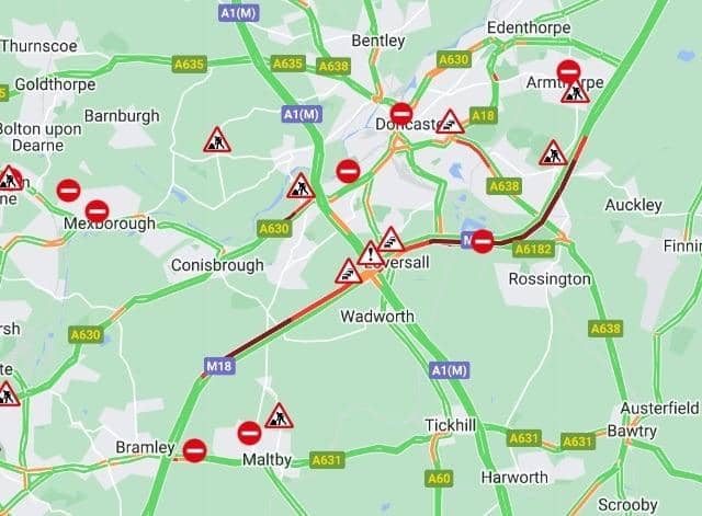 Image by AA Traffic and Google Maps. Damage to the central reservation on the M18 near Doncaster continues to cause severe delays this morning as crews carry out emergency repairs.
