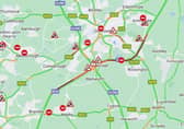 Image by AA Traffic and Google Maps. Damage to the central reservation on the M18 near Doncaster continues to cause severe delays this morning as crews carry out emergency repairs.