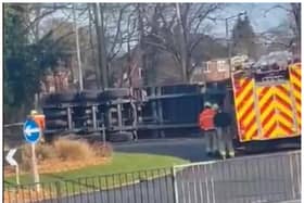 The lorry has overturned on a roundabout on Goodison Boulevard in Cantley.