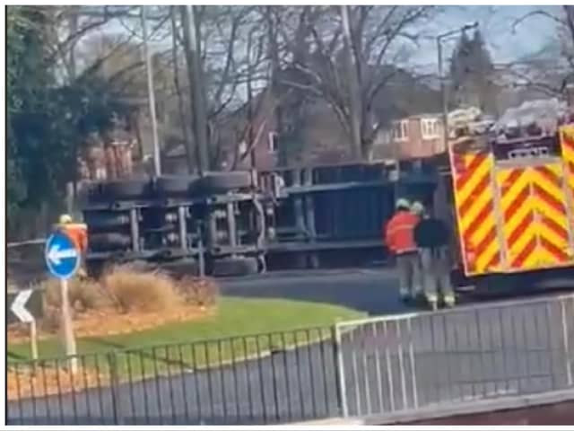 The lorry has overturned on a roundabout on Goodison Boulevard in Cantley.